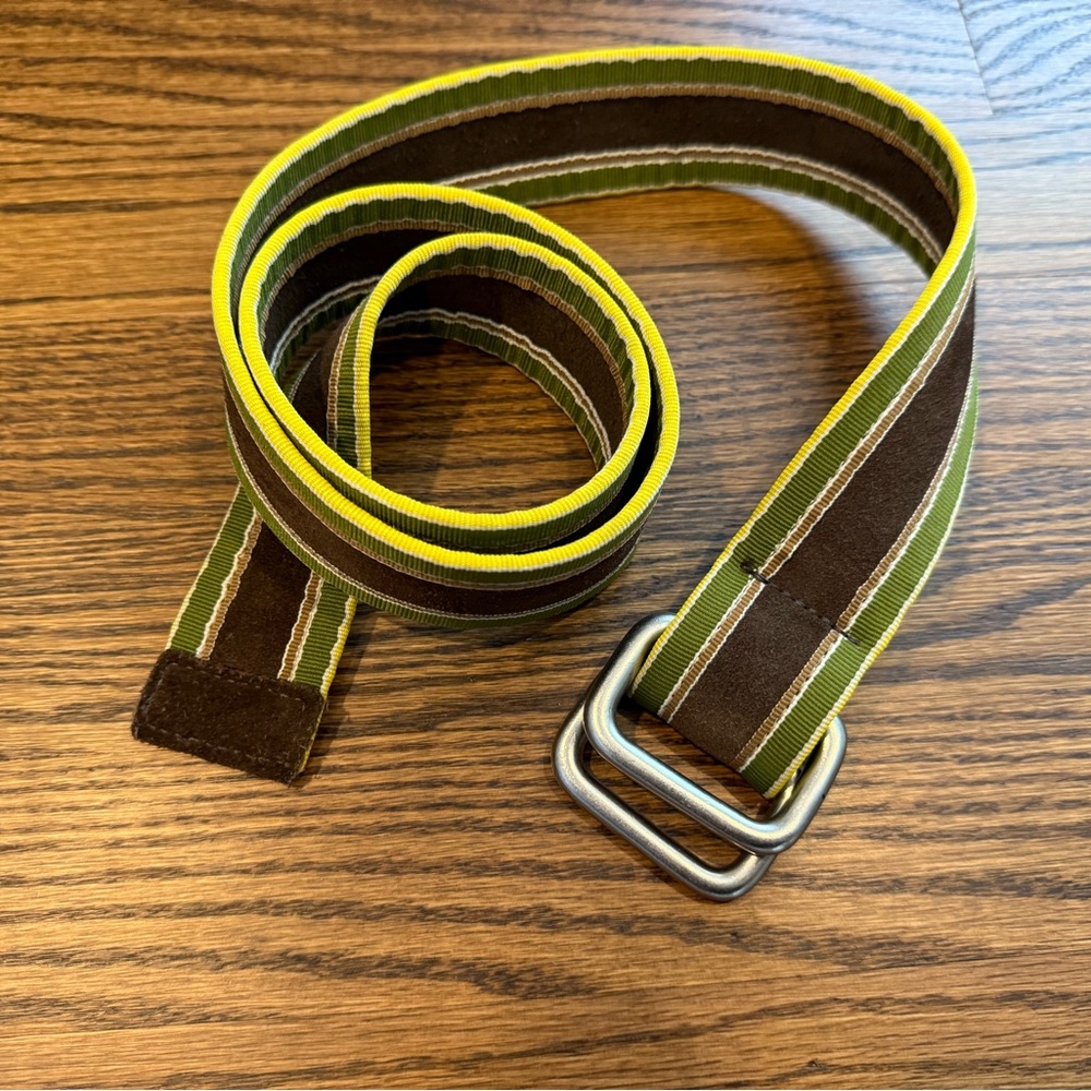 Vintage 1990s Banana Republic Men's Green/Brown Striped Belt w/ Silver Hardware